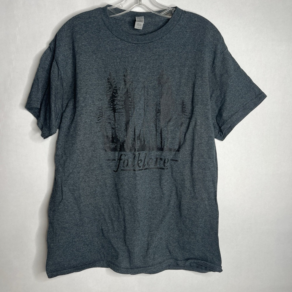 Gildan Unisex Gray Folklore Nature Graphic Crew Neck T-Shirt Cotton Size Large